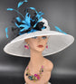 white Teal Blue Black Wide Brim Kentucky Derby Hat, Ascot Hat for Wedding & Tea Party, Garden Party Hat, Mother of the Bride, Church