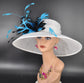 white Teal Blue Black Wide Brim Kentucky Derby Hat, Ascot Hat for Wedding & Tea Party, Garden Party Hat, Mother of the Bride, Church