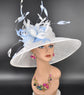 White w Light Blue Feather Flowers Kentucky Derby Hat Tea Party Carriage Party Wide Brim  Sinamay Hat
