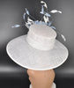 White w Light Blue Feather Flowers Kentucky Derby Hat Tea Party Carriage Party Wide Brim  Sinamay Hat