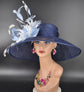 Navy Blue Sinamay Kentucky Derby Hat: Feather Flower Wide Brim