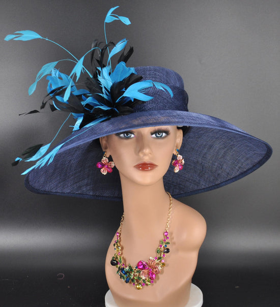 Navy Blue Sinamay Kentucky Derby Hat: Teal Feather Flower Wide Brim