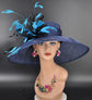 Navy Blue Sinamay Kentucky Derby Hat: Teal Feather Flower Wide Brim