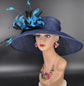 Navy Blue Sinamay Kentucky Derby Hat: Teal Feather Flower Wide Brim