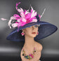 Navy Sinamay Kentucky Derby Hat: Pink Feather Flower Wide Brim