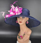 Navy Sinamay Kentucky Derby Hat: Pink Feather Flower Wide Brim