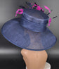 Navy Sinamay Kentucky Derby Hat: Fuchsia Feather Flower Wide Brim