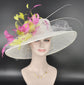 Wide Brim Sinamay Derby Hat: White, Lime Green & Hot Pink Feather Flower