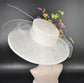 Wide Brim Sinamay Derby Hat: White, Lime Green & Hot Pink Feather Flower