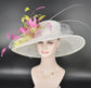 Wide Brim Sinamay Derby Hat: White, Lime Green & Hot Pink Feather Flower
