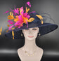 Wide Brim Sinamay Kentucky Derby Hat: Navy, Fuchsia, Orange Feather Flower