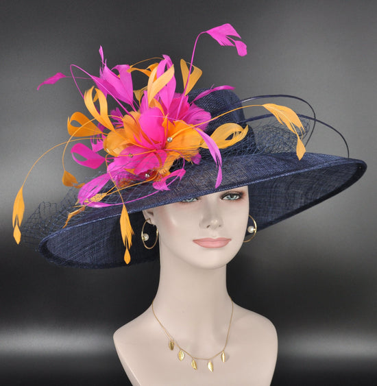 Wide Brim Sinamay Kentucky Derby Hat: Navy, Fuchsia, Orange Feather Flower