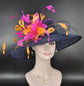 Wide Brim Sinamay Kentucky Derby Hat: Navy, Fuchsia, Orange Feather Flower