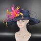 Wide Brim Sinamay Kentucky Derby Hat: Navy, Fuchsia, Orange Feather Flower