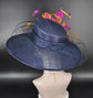 Wide Brim Sinamay Kentucky Derby Hat: Navy, Fuchsia, Orange Feather Flower