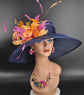Navy Blue Orange Hot Pink Feather Flower Wide brim Kentucky Derby Hat, Ascort Royal Hat, Tea Party Wedding Party  Garden Pary Church Hat