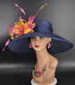 Navy Blue Orange Hot Pink Feather Flower Wide brim Kentucky Derby Hat, Ascort Royal Hat, Tea Party Wedding Party  Garden Pary Church Hat