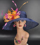 Navy Blue with Hot Pink Orange Feather Flowers Kentucky Derby Hat Tea Party Carriage Party Royal Ascot Oaks day hat
