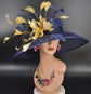 Navy Blue Sinamay Derby Hat: Gold Feather Flowers, Wide Brim