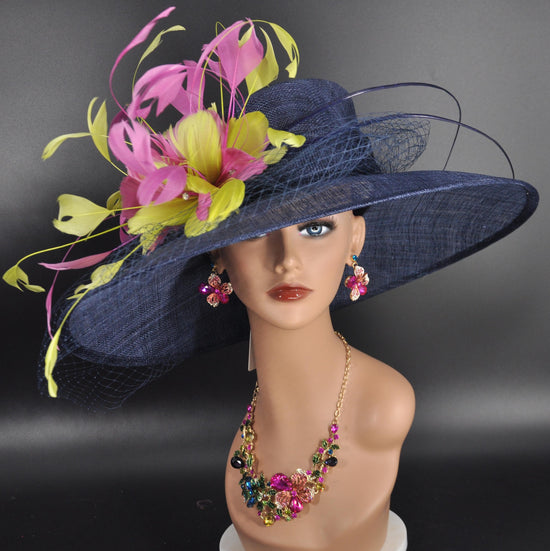 Wide Brim Sinamay Hat Church Kentucky Derby Hat Carriage Tea Party Wedding Hat Navy Blue White Lime Green Lavender Hot Pink  Oaks day hat