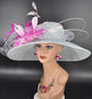 Wide Brim Sinamay Kentucky Derby Hat: Powder Blue & Fuchsia Feather Flower