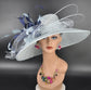 Wide Brim Sinamay Hat Church Kentucky Derby Hat Carriage Tea Party Wedding Hat Powder Blue with  Navy Blue Oaks day hat