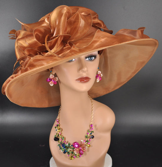 Gold Organza Kentucky Derby Hat: Wide Brim Tea Party Wedding Hat
