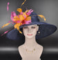 Navy Blue with Hot Pink Orange Feather Flowers Kentucky Derby Hat Tea Party Carriage Party Royal Ascot Oaks day hat