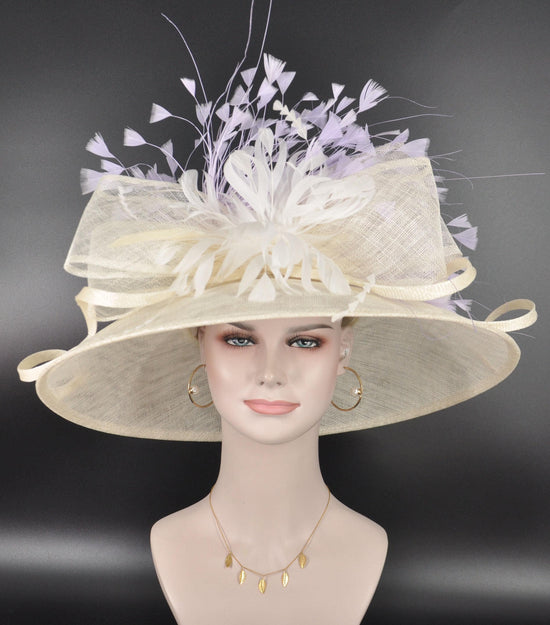 Derby Hat: Ivory Feather Flower Sinamay Church Hat