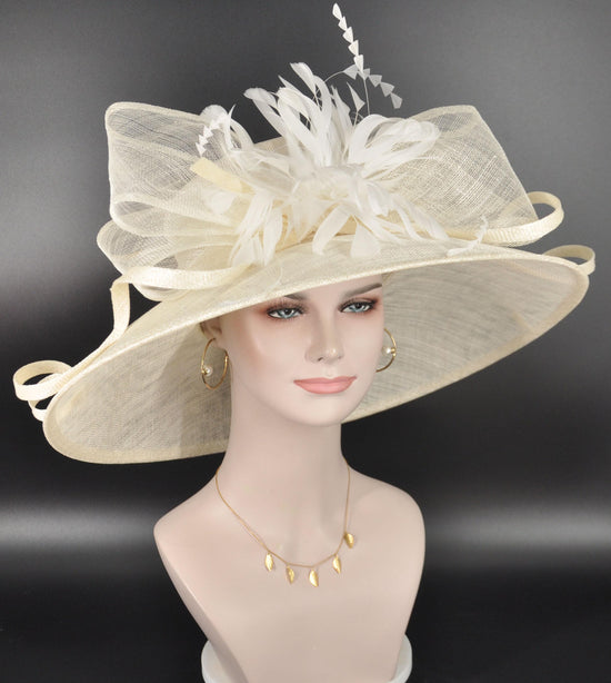 Ivory Kentucky Derby Hat: Sinamay Feather Flower Wedding Tea Party