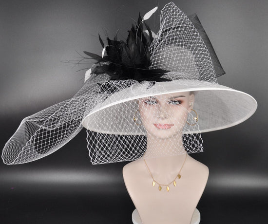 White & Black Feather Flower Bow Design Wide Brim Sinamay Hat For Kentucky Derby, Ascot Royal, Tea Garden Party, Chuch, Wedding Party