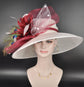 Wide Brim Sinamay Derby Hat: White, Burgundy & Peacock Feathers