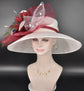 Wide Brim Sinamay Derby Hat: White, Burgundy & Peacock Feathers