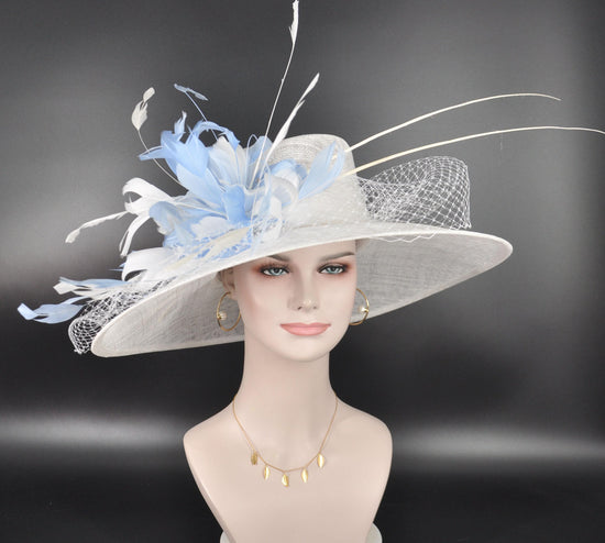 Wide Brim Sinamay Kentucky Derby Hat: White & Light Blue
