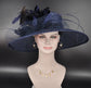 Navy Blue Wide Brim Sinamay Hat Church Kentucky Derby Hat Carriage Tea Party Wedding Feather Flower and Ostrich Quills