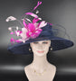 Wide Brim Sinamay Kentucky Derby Hat: Navy Blue & Fuchsia Pink