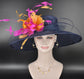 Wide Brim Sinamay Kentucky Derby Hat: Navy Blue Fuchsia Feather Flower