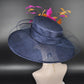 Wide Brim Sinamay Kentucky Derby Hat: Navy Blue Fuchsia Feather Flower