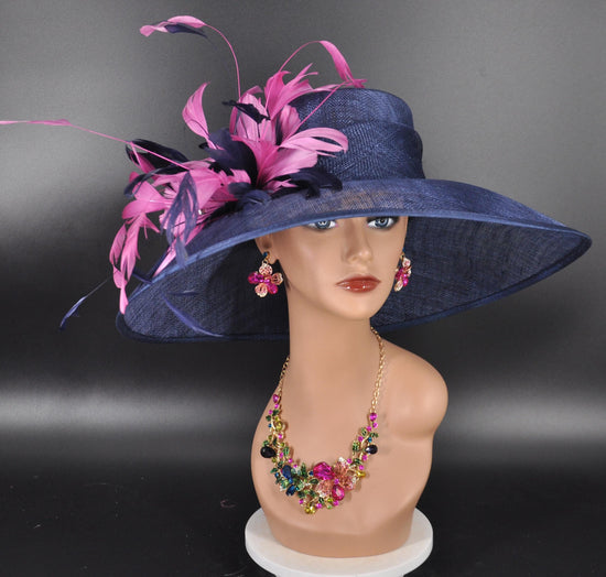 Navy Sinamay Kentucky Derby Hat: Hot Pink Feather Flowers Wide Brim