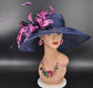 Navy Sinamay Kentucky Derby Hat: Hot Pink Feather Flowers Wide Brim