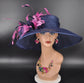 Navy Sinamay Kentucky Derby Hat: Hot Pink Feather Flowers Wide Brim