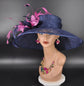 Navy Sinamay Kentucky Derby Hat: Hot Pink Feather Flowers Wide Brim