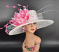 Wide Brim Sinamay Kentucky Derby Hat: White with Pink Feather Flower