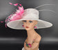 Wide Brim Sinamay Kentucky Derby Hat: White with Pink Feather Flower
