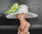 White Green Feather Flower  Wide Brim Sinamay hat, Kentucky derby Hat, Wedding Guest Hat, Tea Party Hat, Ascot Royal Style Hat,Oaks Day Hat