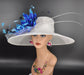 Wide Brim Sinamay Hat Church Kentucky Derby Hat Carriage Tea Party Wedding Hat Feather Flower Ostrich Quills White w Mix  Blue  Flower
