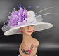 Wide Brim Sinamay Derby Hat: White Feather Flower, Ostrich Quills