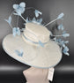 Wide Brim Kentucky Derby Hat: White & Powder Blue Feathered Ascot Hat