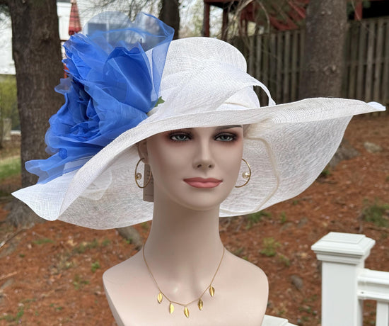 Wide Brim Sinamay Derby Hat: White with Royal Blue Silk Flower