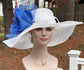 Wide Brim Sinamay Derby Hat: White with Royal Blue Silk Flower